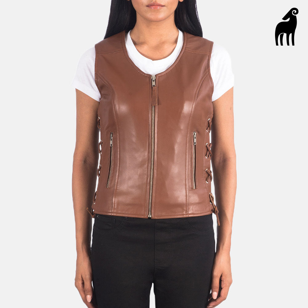 New Women's Brown Side Lace Moto Leather Vest