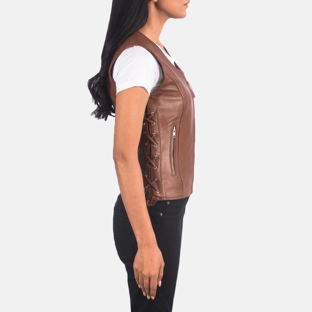 New Women's Brown Side Lace Leather Vest