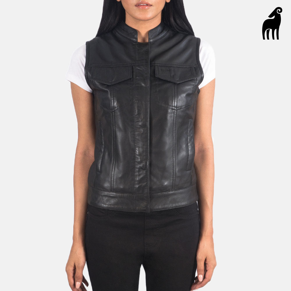 Women's black Lambskin Moto Leather Vest