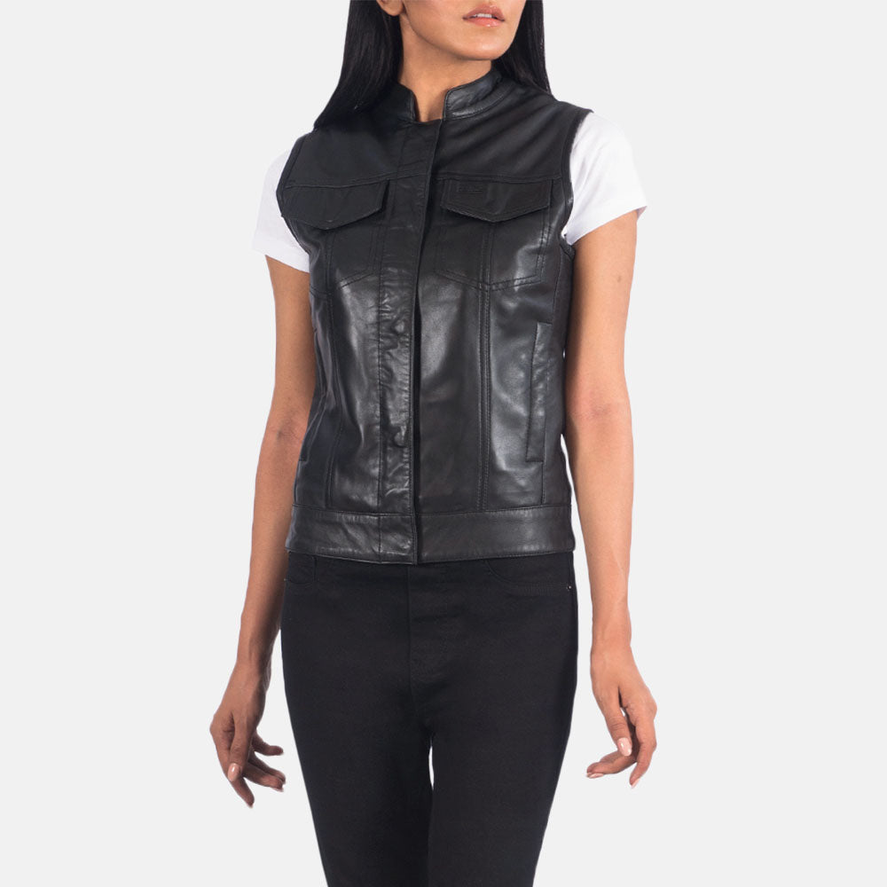 New Women's black Lambskin Moto Leather Vest