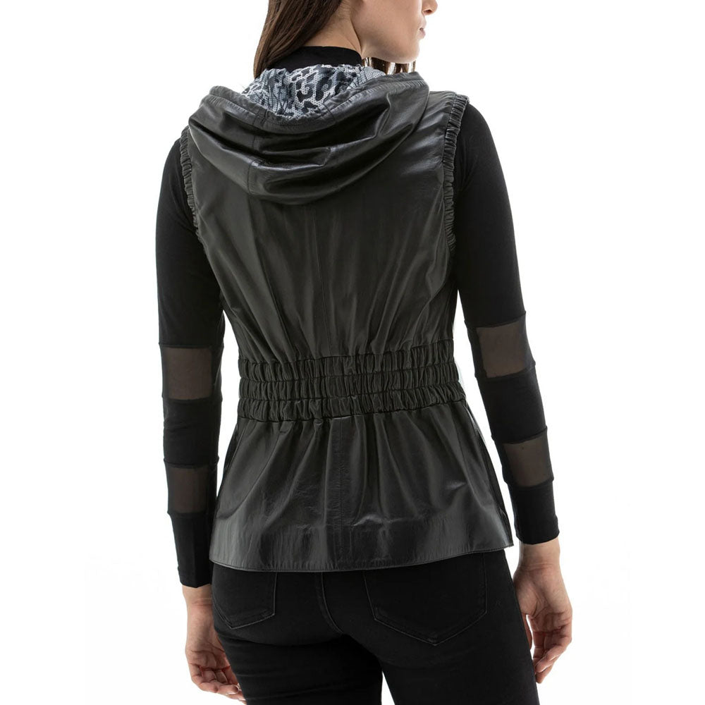 Women's Black Leather Vest With Fashionable Hooded