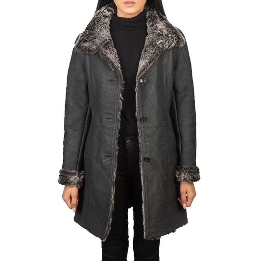 Women Black Shearling Leather Long Coat