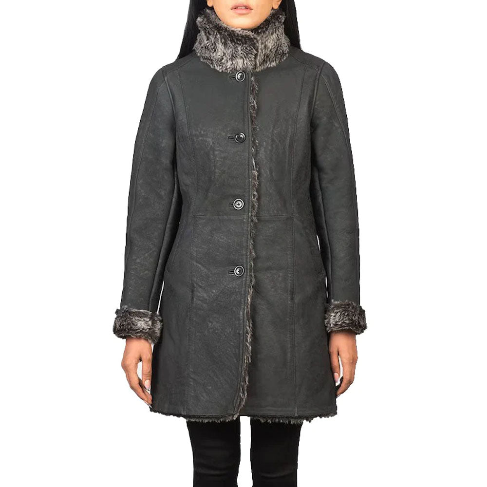 Black Shearling Leather Long Coat