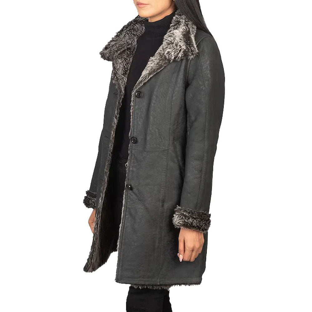 New Women Black Shearling Leather Long Coat