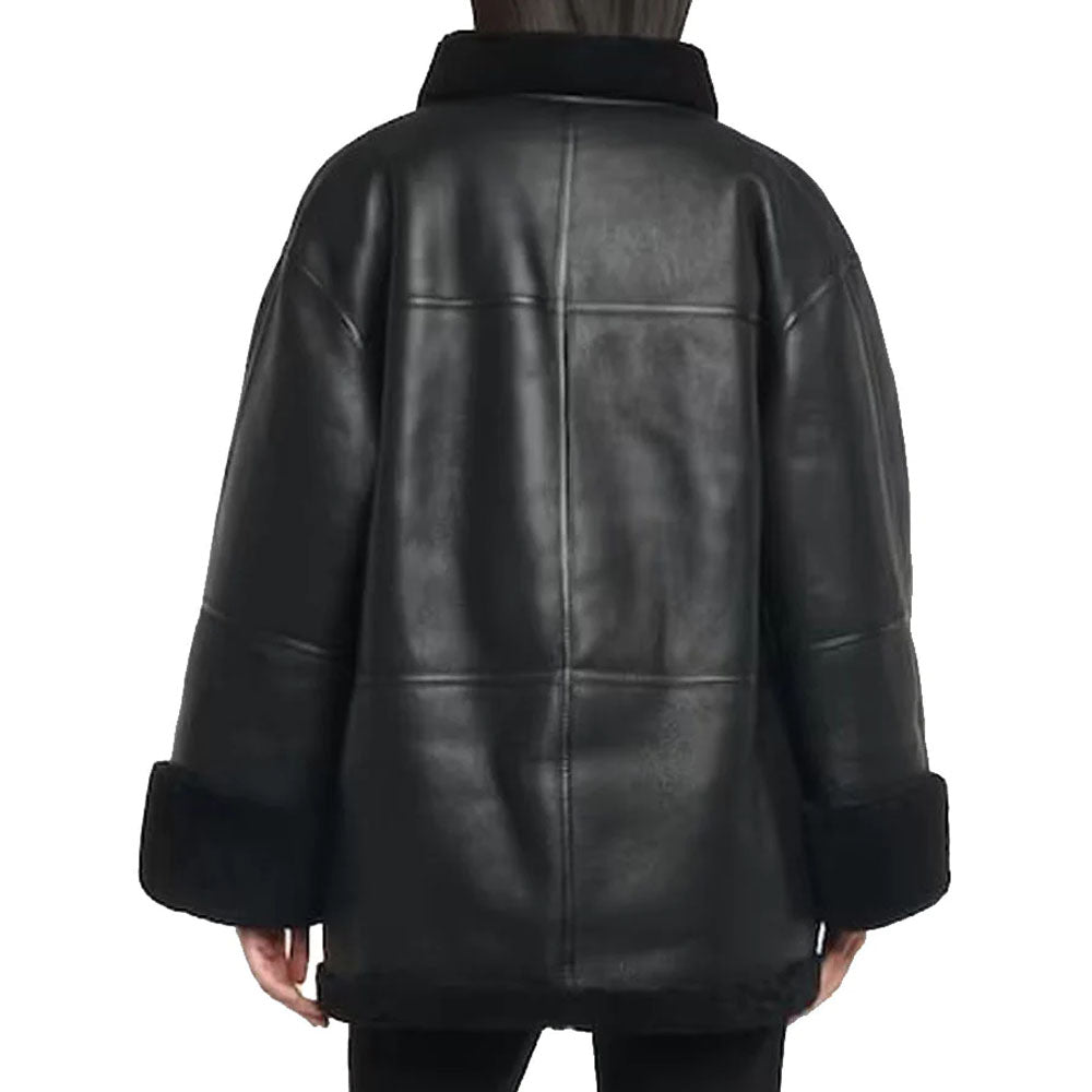 Black Shearling B3 Bomber Sheepskin Leather Coat For Women