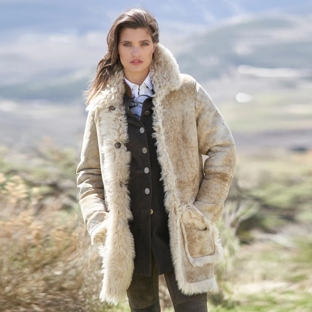 Cream Shearling Aviator Sheepskin Leather Long Coat