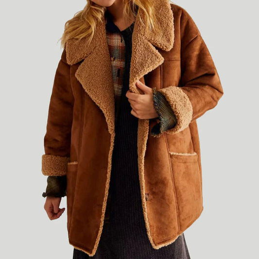 New Brown Suede Aviator Shearling Flight Leather Fur Coat