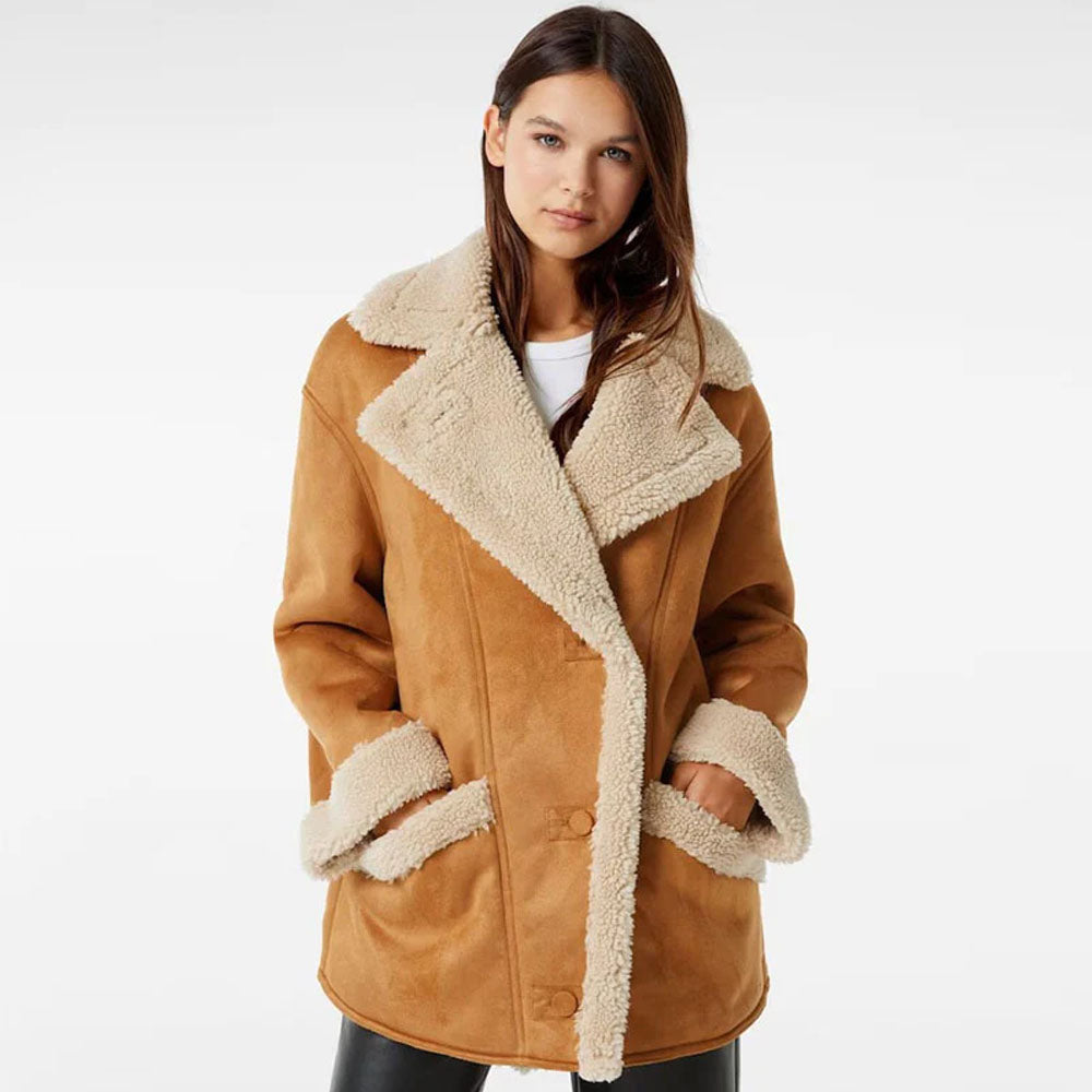 New Brown Women Aviator B3 Suede Leather RAF Shearling Coat