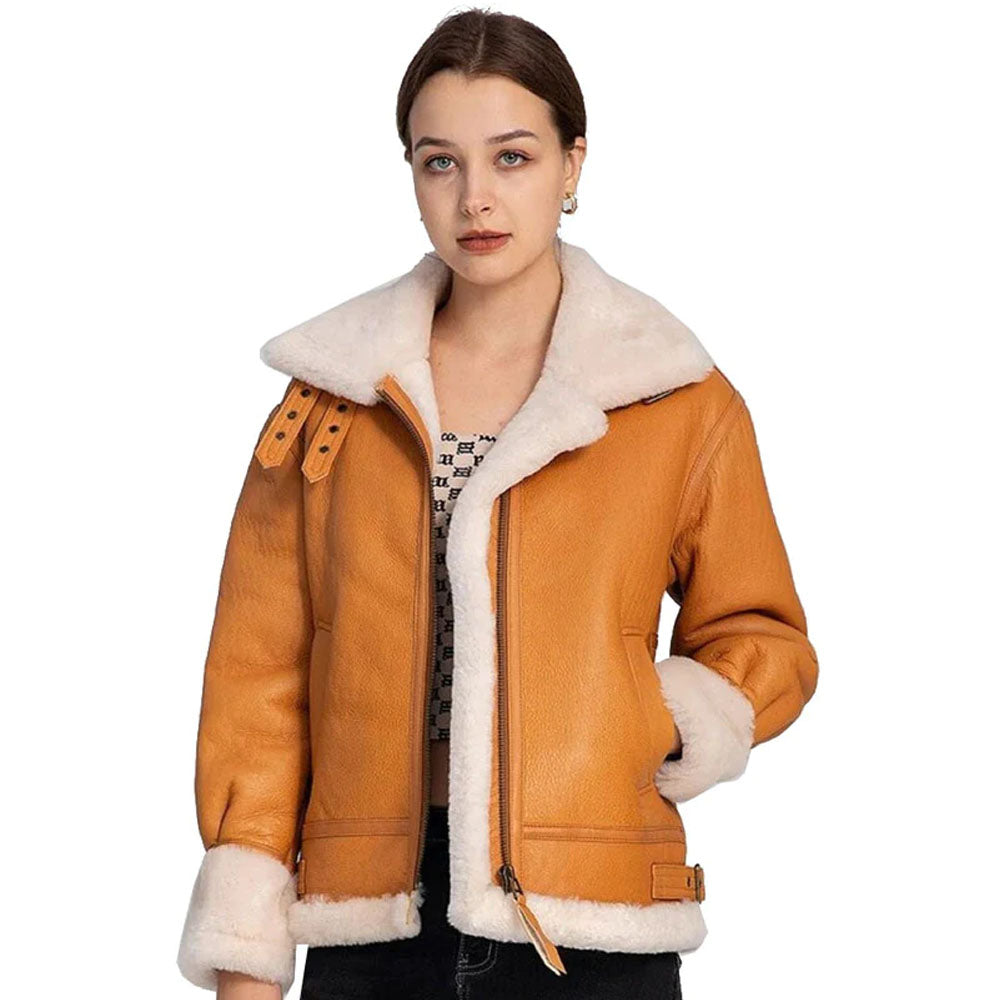 New Brown Women B3 Bomber RAF Shearling Aviator Leather Coat