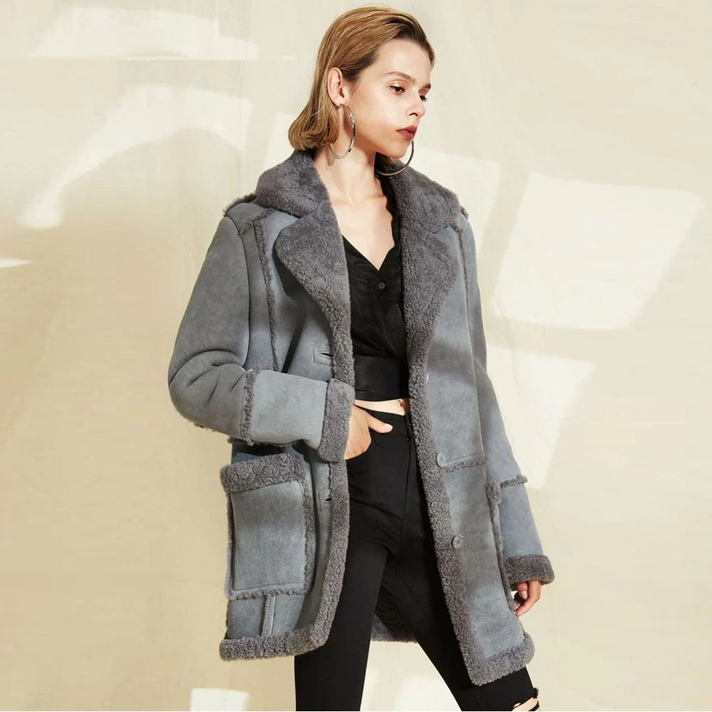 New Gray Women Sheepskin Long Shearling Suede Leather Coat