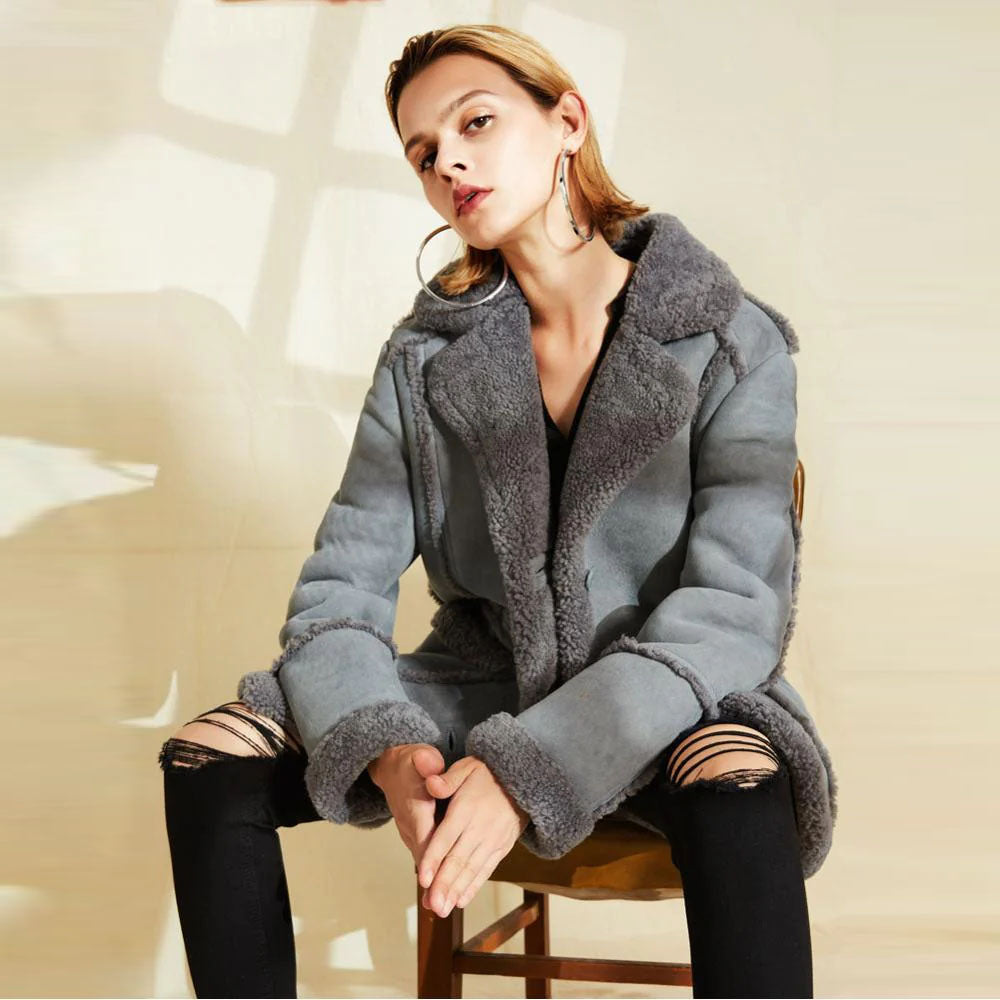 Gray Women Sheepskin Long Shearling Suede Leather Coat