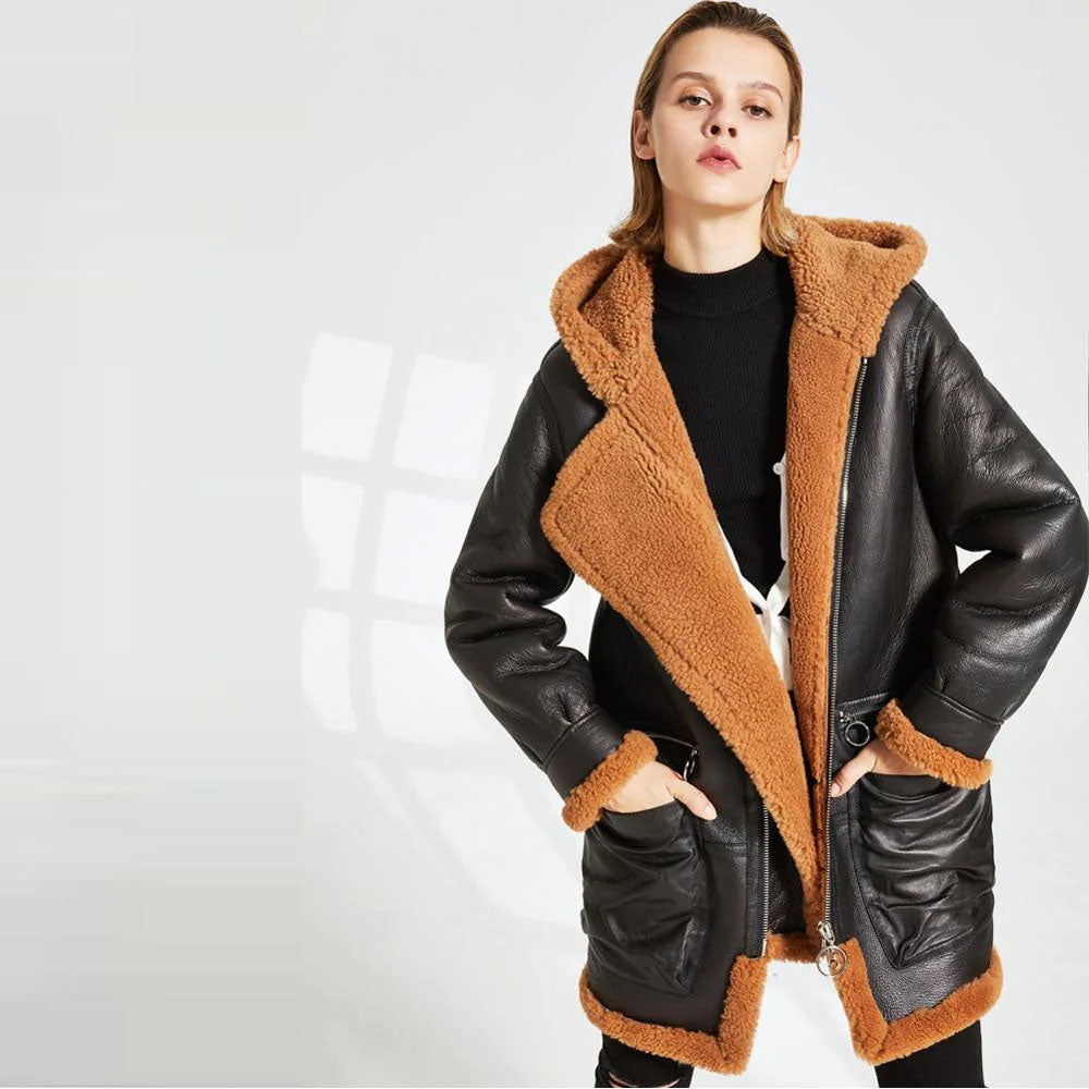 Black Hooded Sheepskin Leather Shearling Long Coat For Women