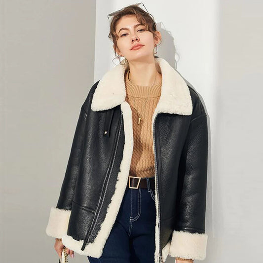 New Women's Black Shearling Leather Lapel Collar Coat