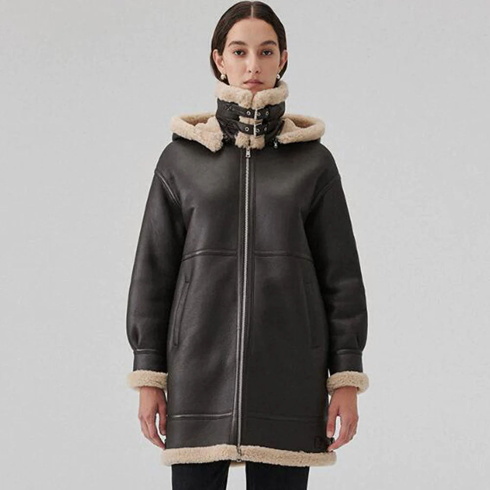 Brown Sheepskin Hooded Shearling Leather Coat