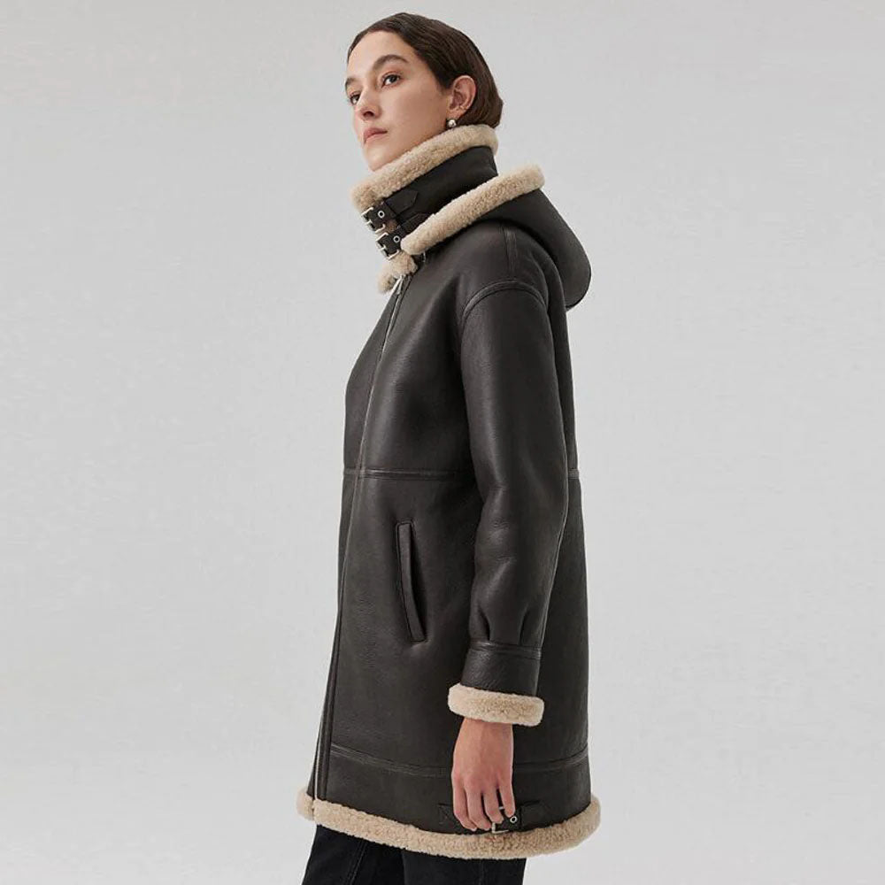 New Sheepskin Hooded Shearling Leather Coat