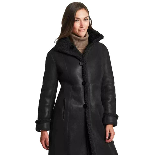 New Black Women Shearling Leather Long Sheepskin Coat