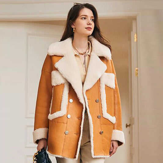 New Sheepskin Leather Aviator Shearling Coat For Women