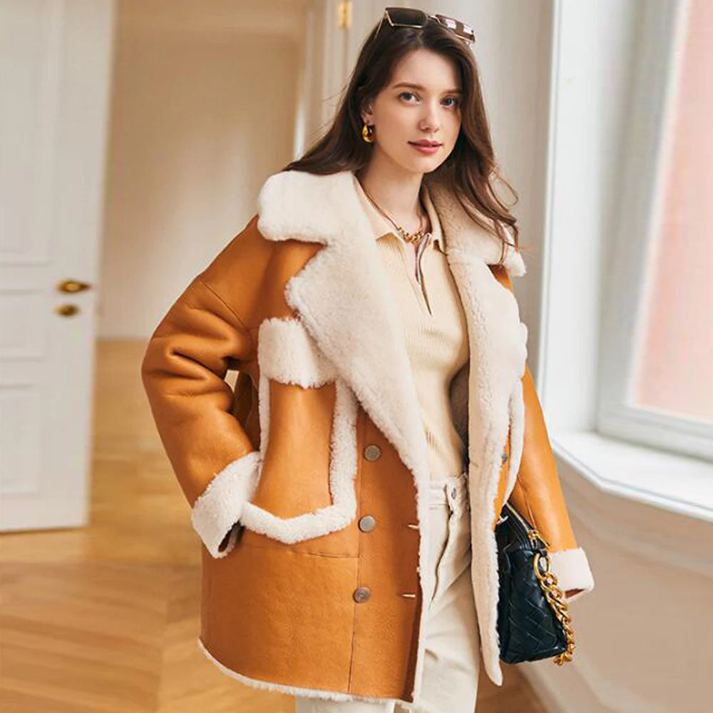 New Leather Aviator Shearling Coat For Women