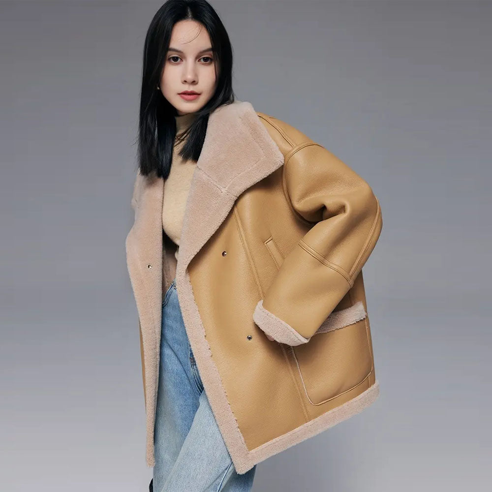 Women Golden Long Sheepskin Shearling Jacket Coat With Oversized Collar