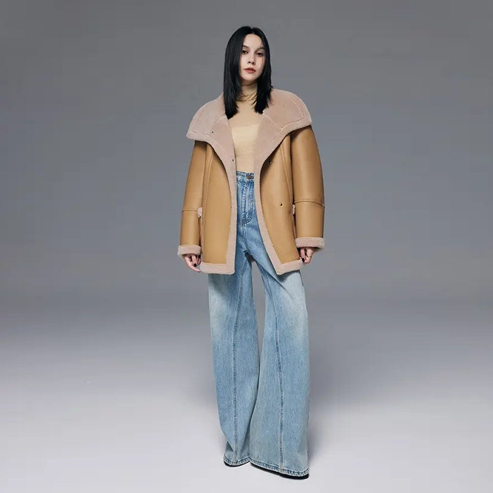 Golden Long Sheepskin Shearling Jacket Coat With Oversized Collar