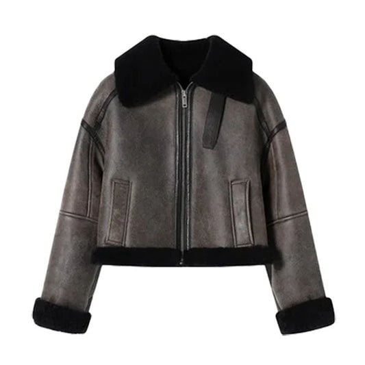 Women Still Grey Cropped Distressed Shearling Collar Sheepskin Leather Biker Jacket