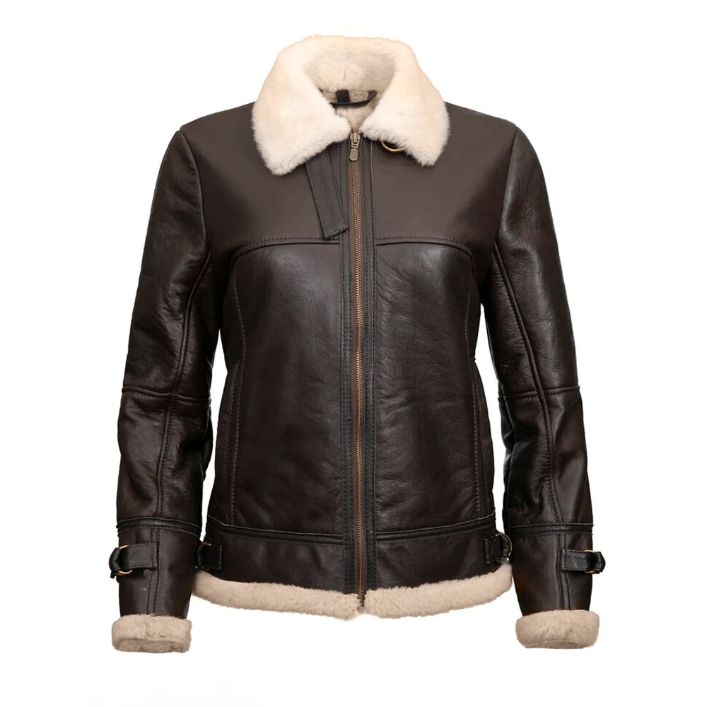 New Brown Aviator Shearling Sheepskin Leather Jacket For Women