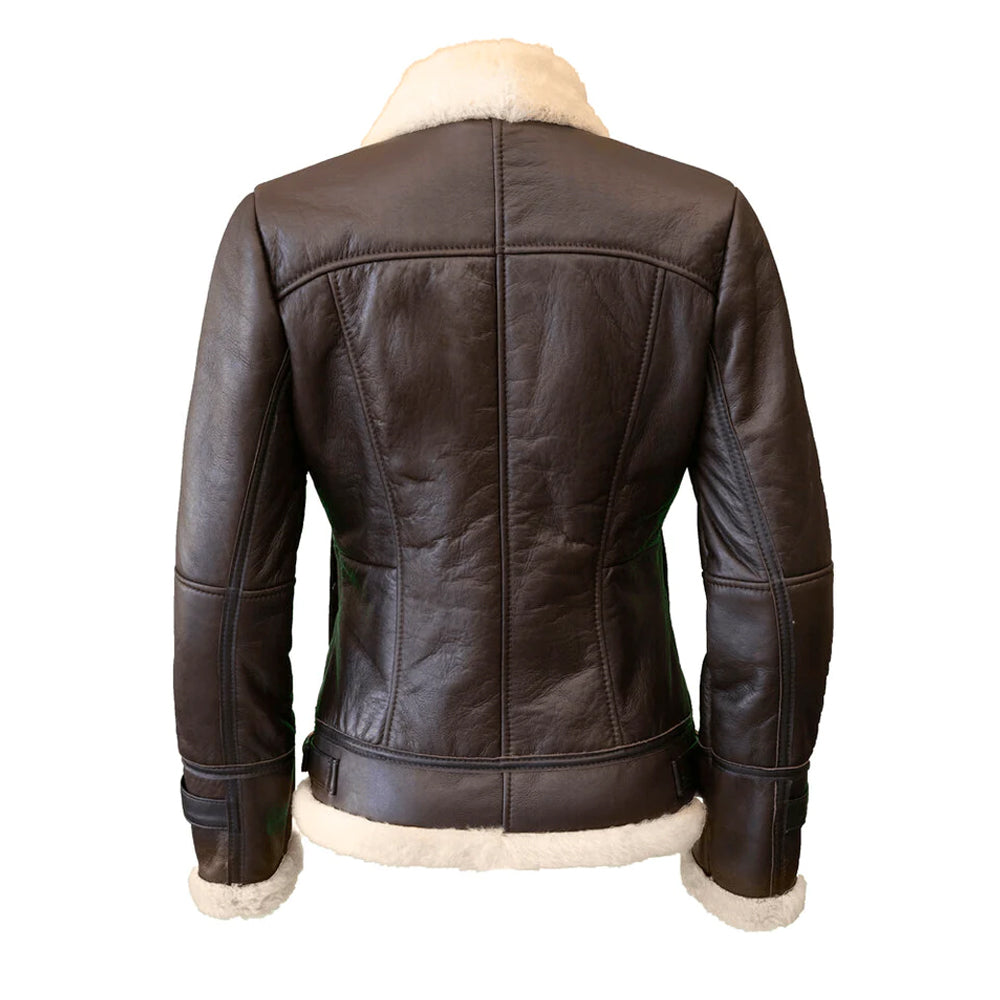 Brown Aviator Shearling Sheepskin Leather Jacket For Women