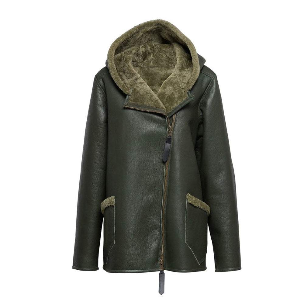 New Women Green Shearling Flight Aviator Oversized Sheepskin Leather Jacket