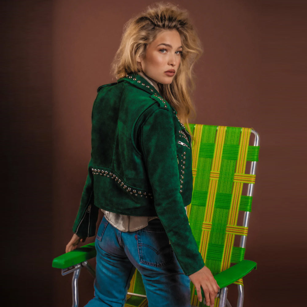 New Women's Green Suede Leather Studded Jacket