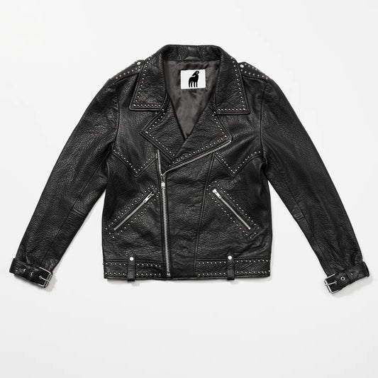 Women's Black Studded Moto Jackson Pebbled Original Leather Jacket