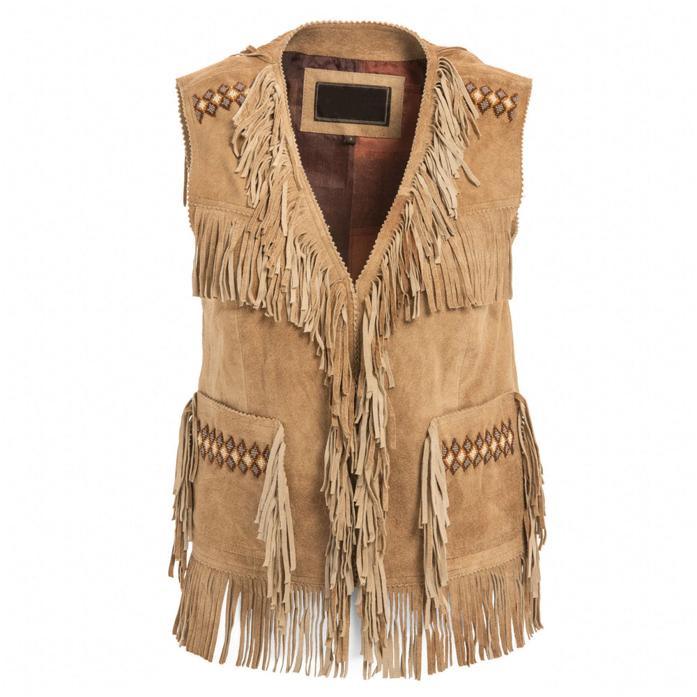 Camel brown suede leather vest with fringe and hand-beaded detailing, front view.