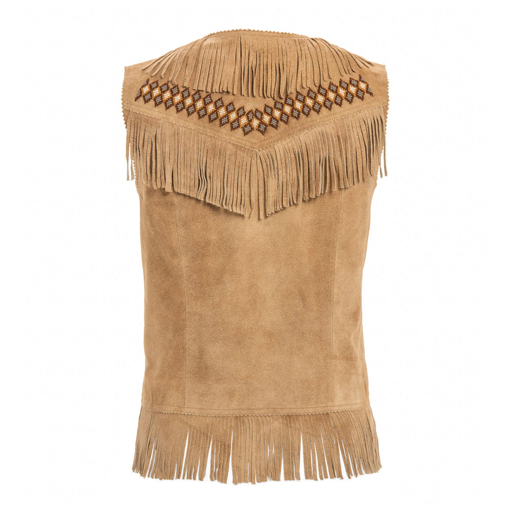 Back view of suede leather vest with fringe detailing and Western-style design.