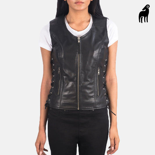 Women Black Moto Lambskin Leather Vest