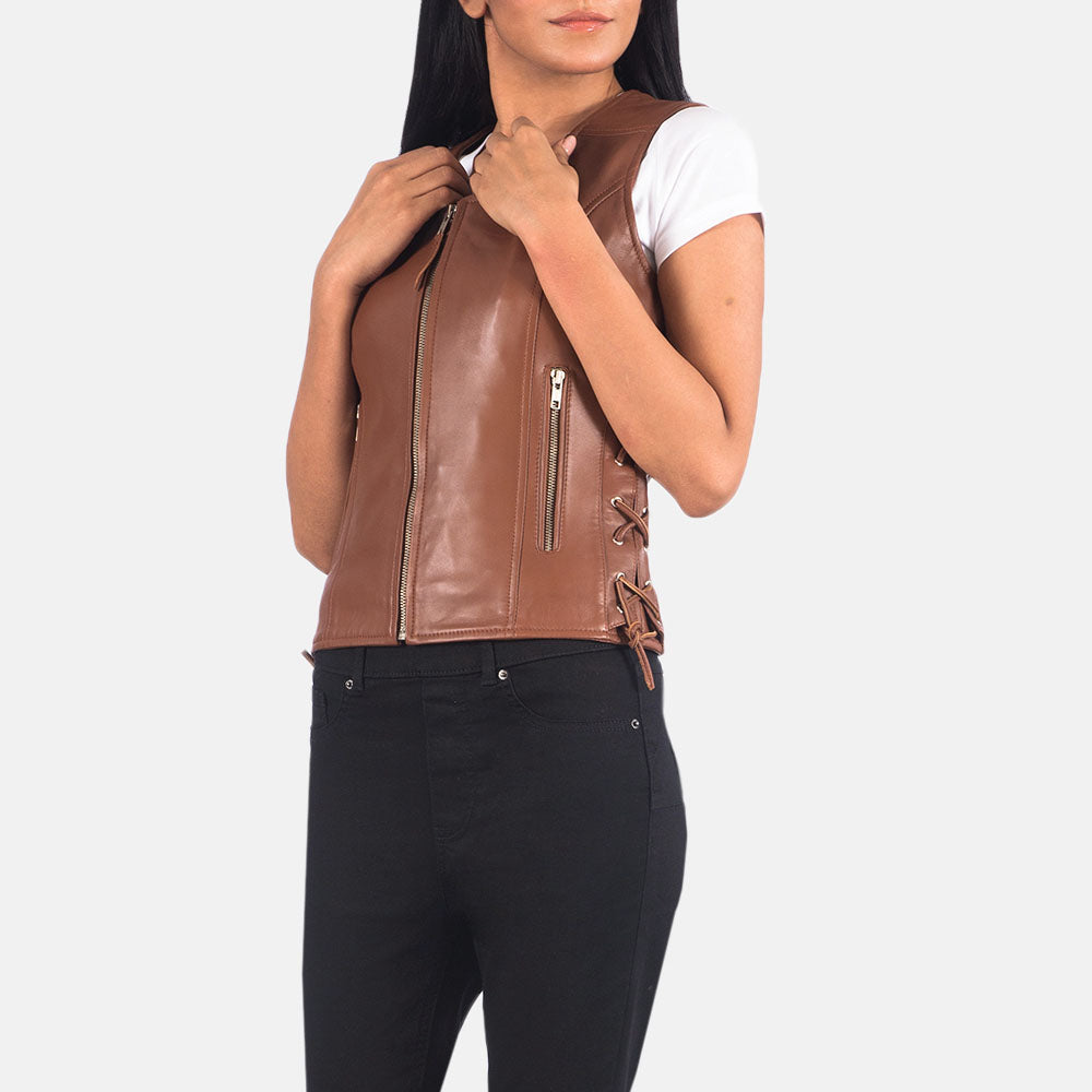 New Women Brown Side Lace Moto Leather Vest