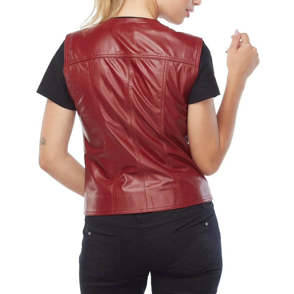 Women Red Biker Western Genuine Leather Vest