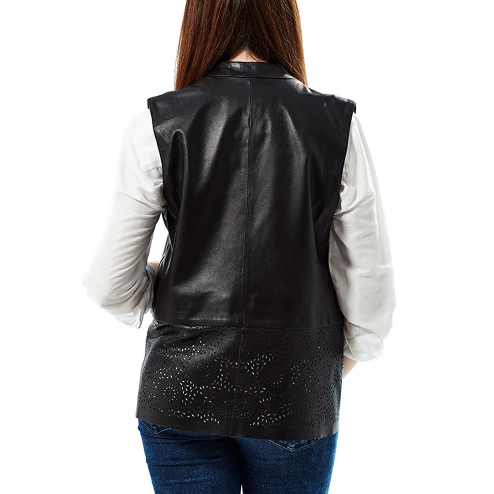New Women Black Biker Embroidered Leather Vest