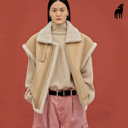 New Camel Shearling Fur Sheepskin Leather Vest For Women