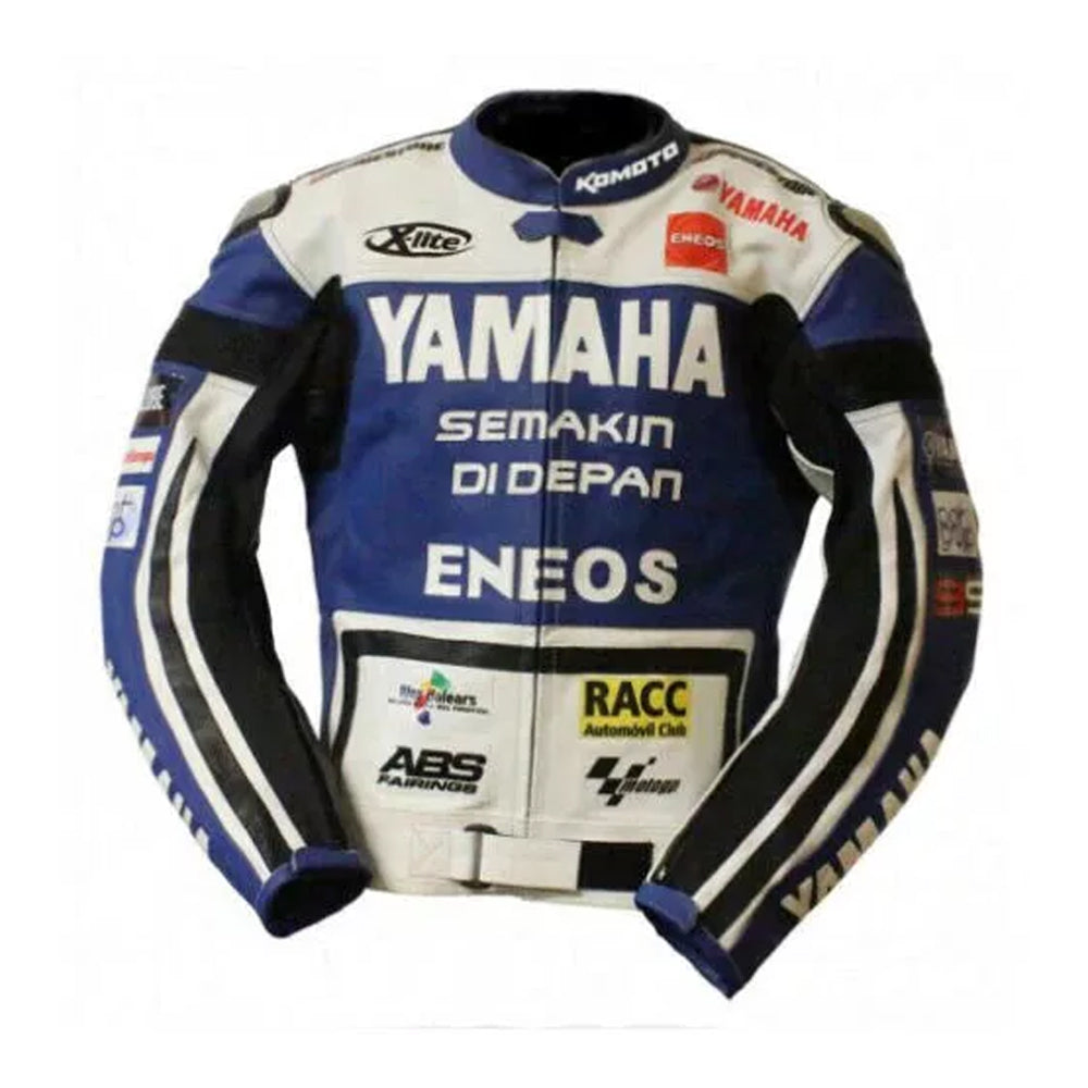 Front view of Yamaha Racing Motorcycle Leather Jacket with bold Yamaha graphics and premium genuine leather design