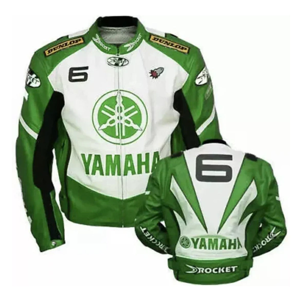 Men’s Yamaha motorcycle leather biker jacket front and back view, premium genuine leather riding jacket with Yamaha-inspired design and reinforced stitching