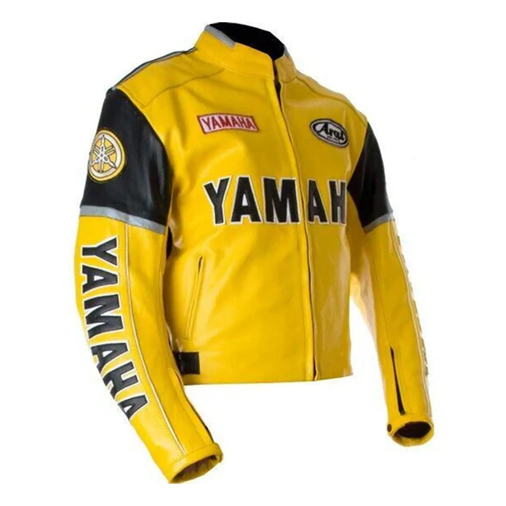 Yamaha motorcycle riding genuine leather jacket for bikers, front view showing premium leather, sporty Yamaha-inspired design and durable zipper