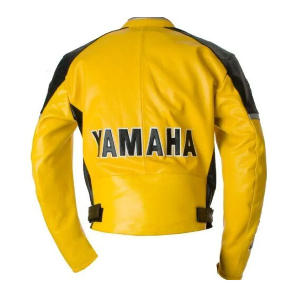 Yamaha motorcycle riding genuine leather jacket for bikers, back view highlighting reinforced stitching, sleek biker fit and wind-resistant leather design