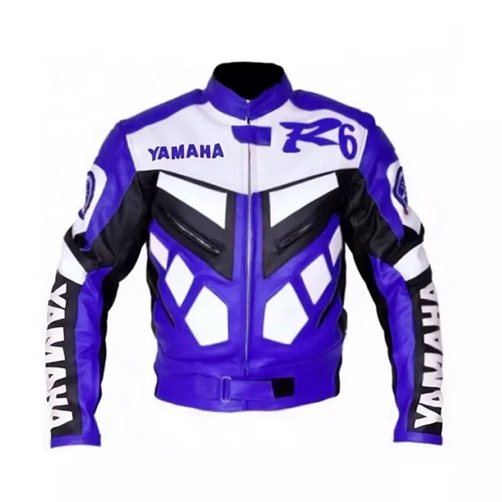 Front view of Yamaha R6 blue cowhide leather motorcycle racing jacket with bold Yamaha design and zip closure