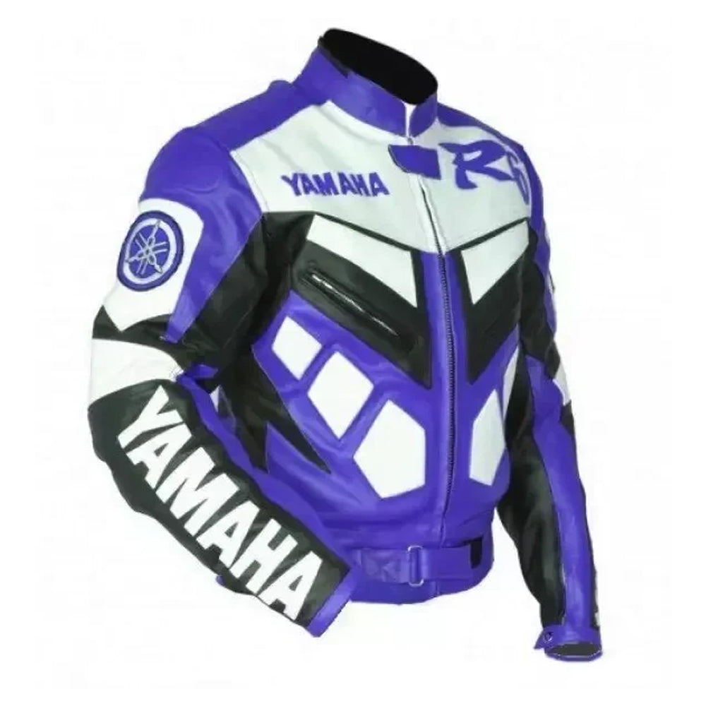 Side view of Yamaha R6 blue leather motorcycle racing jacket highlighting cowhide leather, stitching, and biker fit