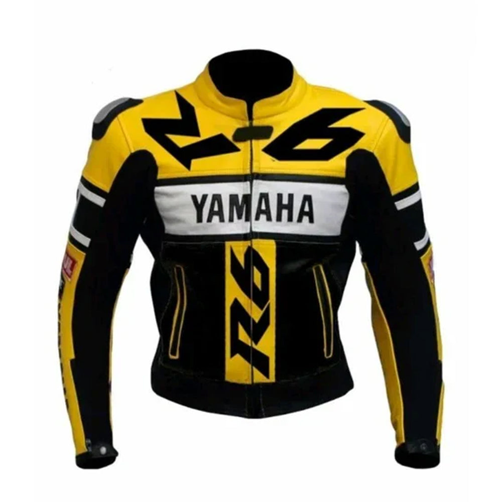 Yamaha R6 racing leather jacket front view in yellow and black motorcycle biker design