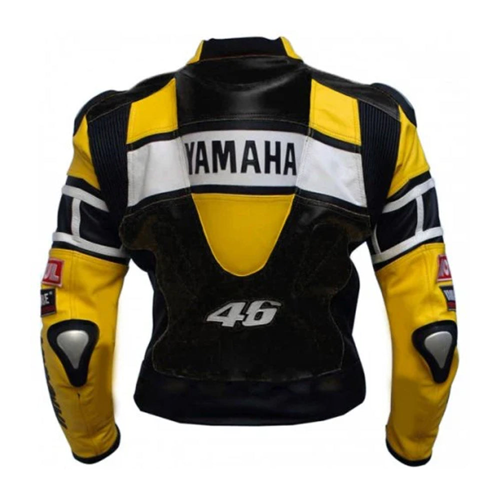 Yamaha R6 racing leather jacket back view with bold racing graphics and biker styling