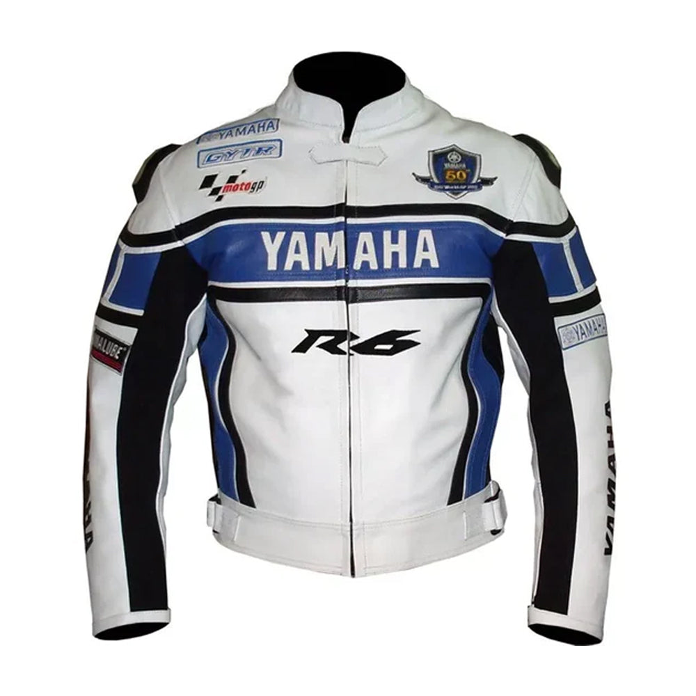 Yamaha R6 racing motorcycle leather jacket front view showing premium leather and sporty design