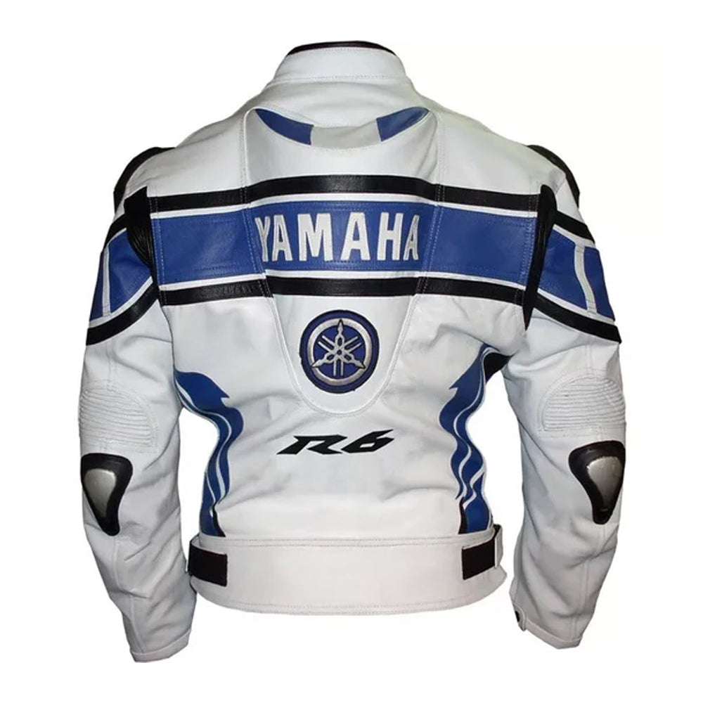 Yamaha R6 racing motorcycle leather jacket back view highlighting racing graphics and fit