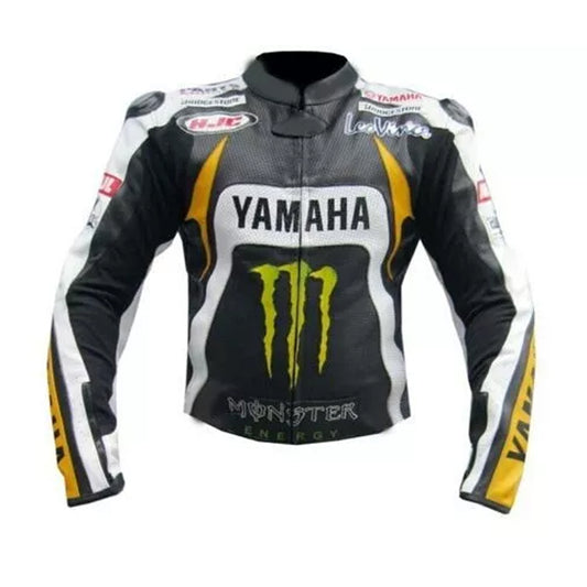 Front view of men’s Yamaha Racing Cowhide Leather Motorcycle Jacket showcasing premium leather, Yamaha racing design, and biker-style fit.