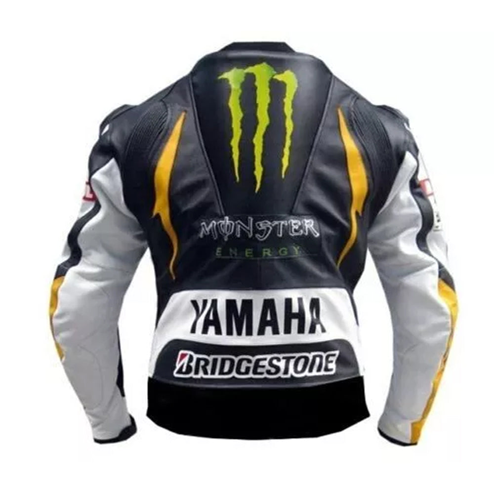 Back view of men’s Yamaha Racing Cowhide Leather Motorcycle Jacket highlighting racing-inspired details, durable construction, and protective fit.