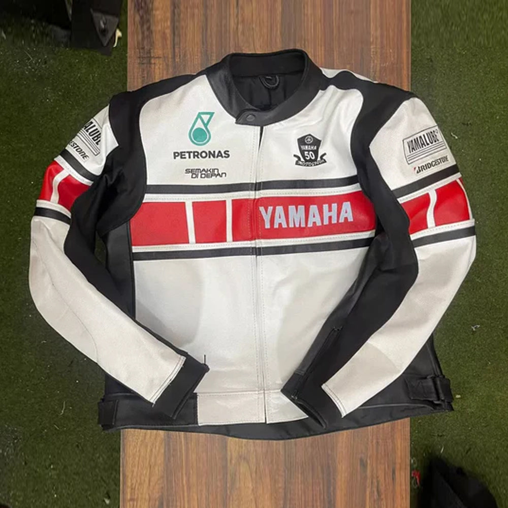 Yamaha Racing genuine cowhide leather motorcycle biker jacket front view for men